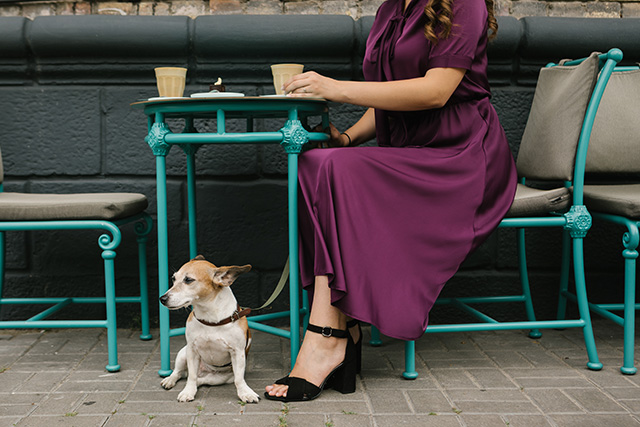 woman and dog on a cafe patio